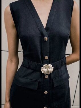 ZARA NEW ❕BELTED MIDI LINEN DRESS SIZE SMALL METAL DETAL REF 8208/709
